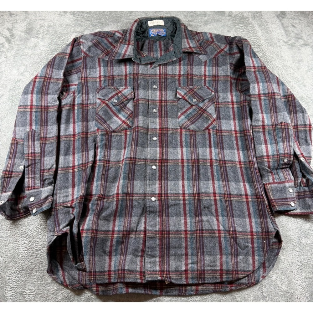 Vtg Pendleton Wool Western Shirt Mens XL Gray Plaid Pearl Snap USA